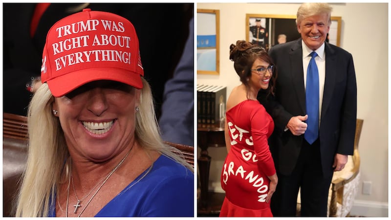 Marjorie Taylor Greene was repping President Donald Trump’s tacky merch as recently as March 2025. Boebert’s “Let's Go Brandon” dress from 2021 is her most bizarre pro-Trump fashion statement.