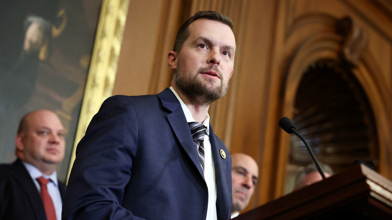 Rep. Jared Golden (D-ME) speaks during a press conference on proposed legislation dealing with budgetary reform, as the deadline to avoid partial government shutdown nears at the Capitol in Washington, U.S., January 18, 2024.