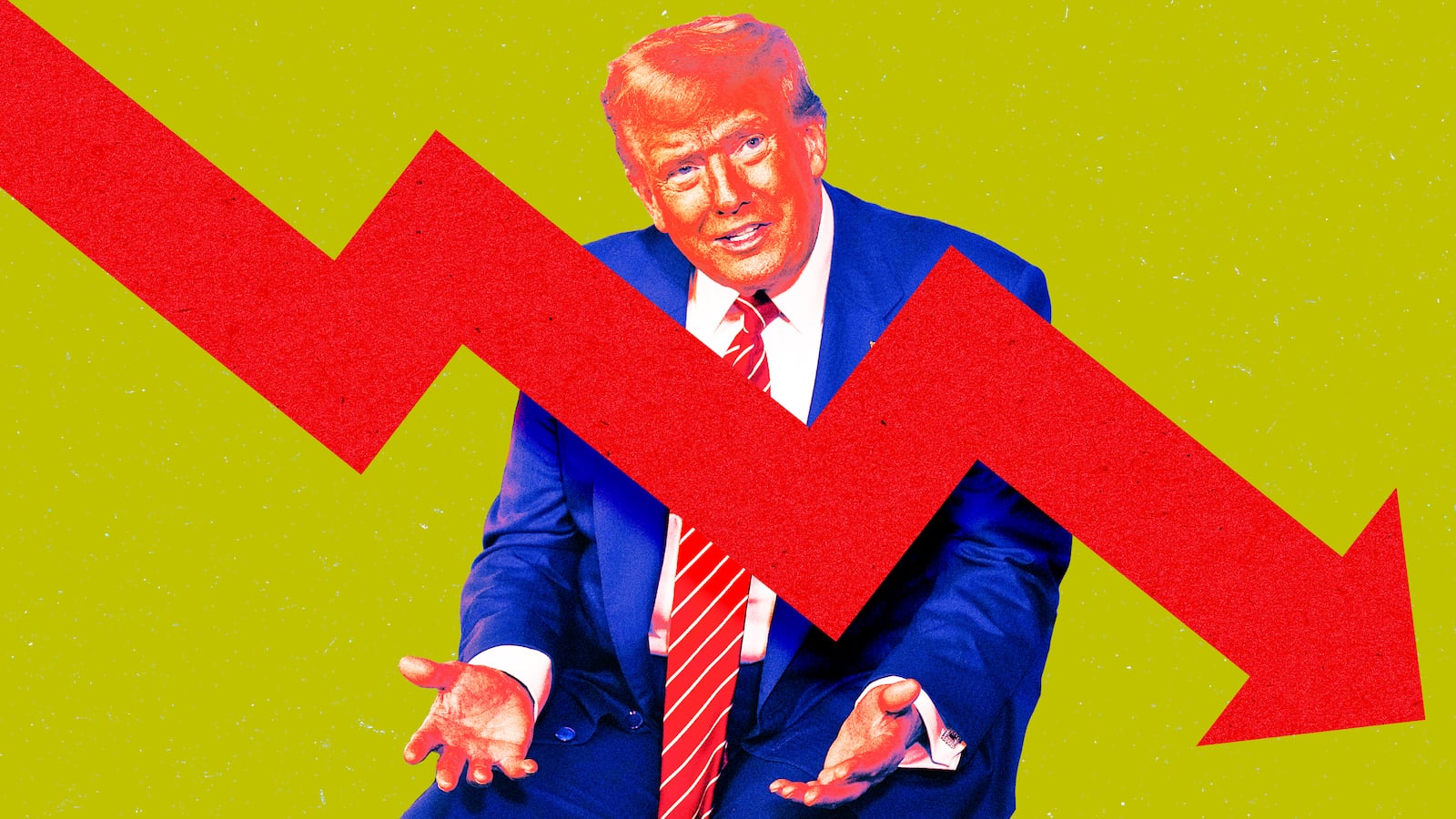 A photo illustration of Donald Trump and a falling red arrow.