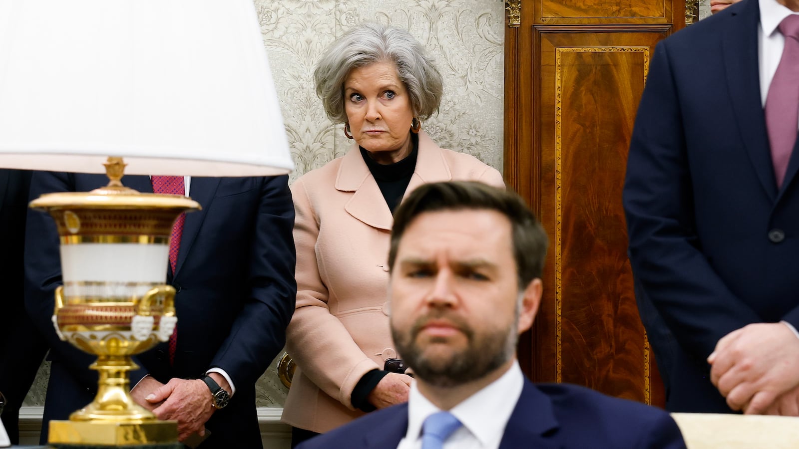 WASHINGTON, DC - FEBRUARY 04: (L-R) U.S. National Security Adviser Michael Waltz, White House Chief of Staff Susie Wiles, U.S. Vice President JD Vance, and others, attend a meeting between U.S. President Donald Trump and Israeli Prime Minister Benjamin Netanyahu in the Oval Office of the White House on February 04, 2025 in Washington, DC. Netanyahu is the first foreign leader to visit Trump since he returned to the White House last month. (Photo by Anna Moneymaker/Getty Images)