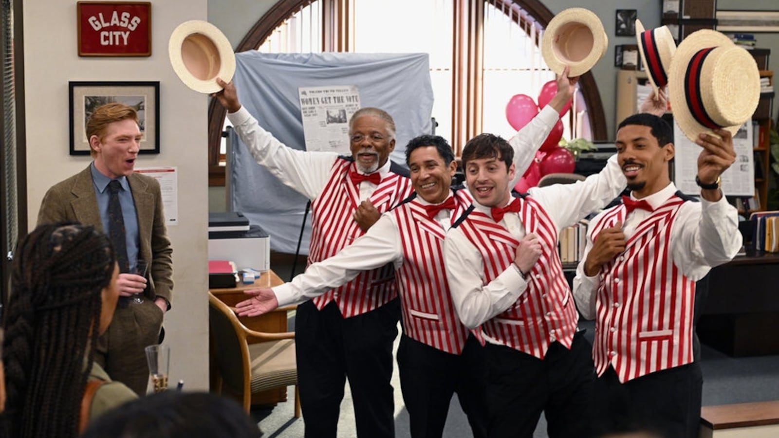 Domhnall Gleeson as Ned, Duane R. Shepard as Barry, Oscar Nuñez as Oscar, Alex Edelman as Adam, and Melvin Gregg as Detrick