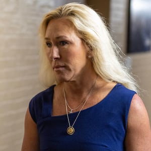 Rep. Marjorie Taylor Greene (R-GA) arrives for a House Republican meeting at the U.S. Capitol on May 20, 2025 in Washington, DC. U.S.