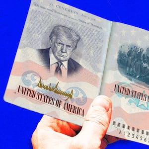 A photo illo illustration of Donald Trump on the US passport.