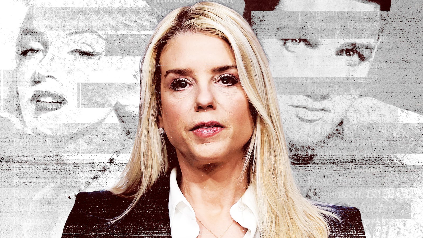 Pam Bondi in front of photos of Marilyn Monroe and Elvis Presley, a few of the dead celebrities listed on the Epstein Emails list.