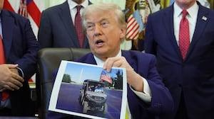 President Donald Trump speaks about the Reflecting Pool during an unrelated event in the Oval Office of the White House on June 04, 2026.