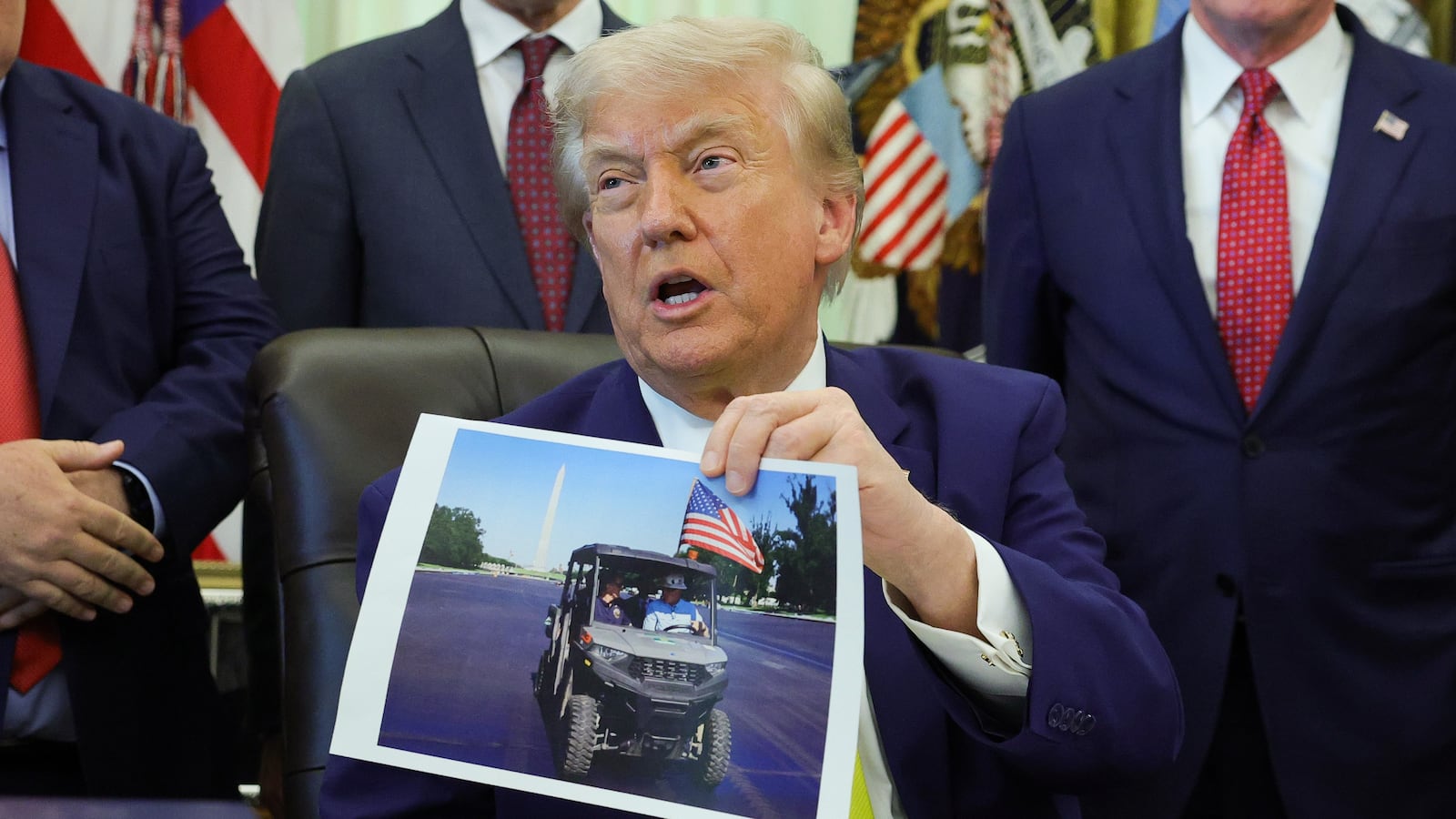 President Donald Trump speaks about the Reflecting Pool during an unrelated event in the Oval Office of the White House on June 04, 2026.