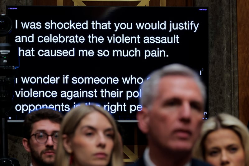 An opening statement by Chairman Sen. Rand Paul is seen on a screen during a confirmation hearing for Sen. Markwayne Mullin be the next Secretary of the Department of Homeland Security on March 18, 2026.