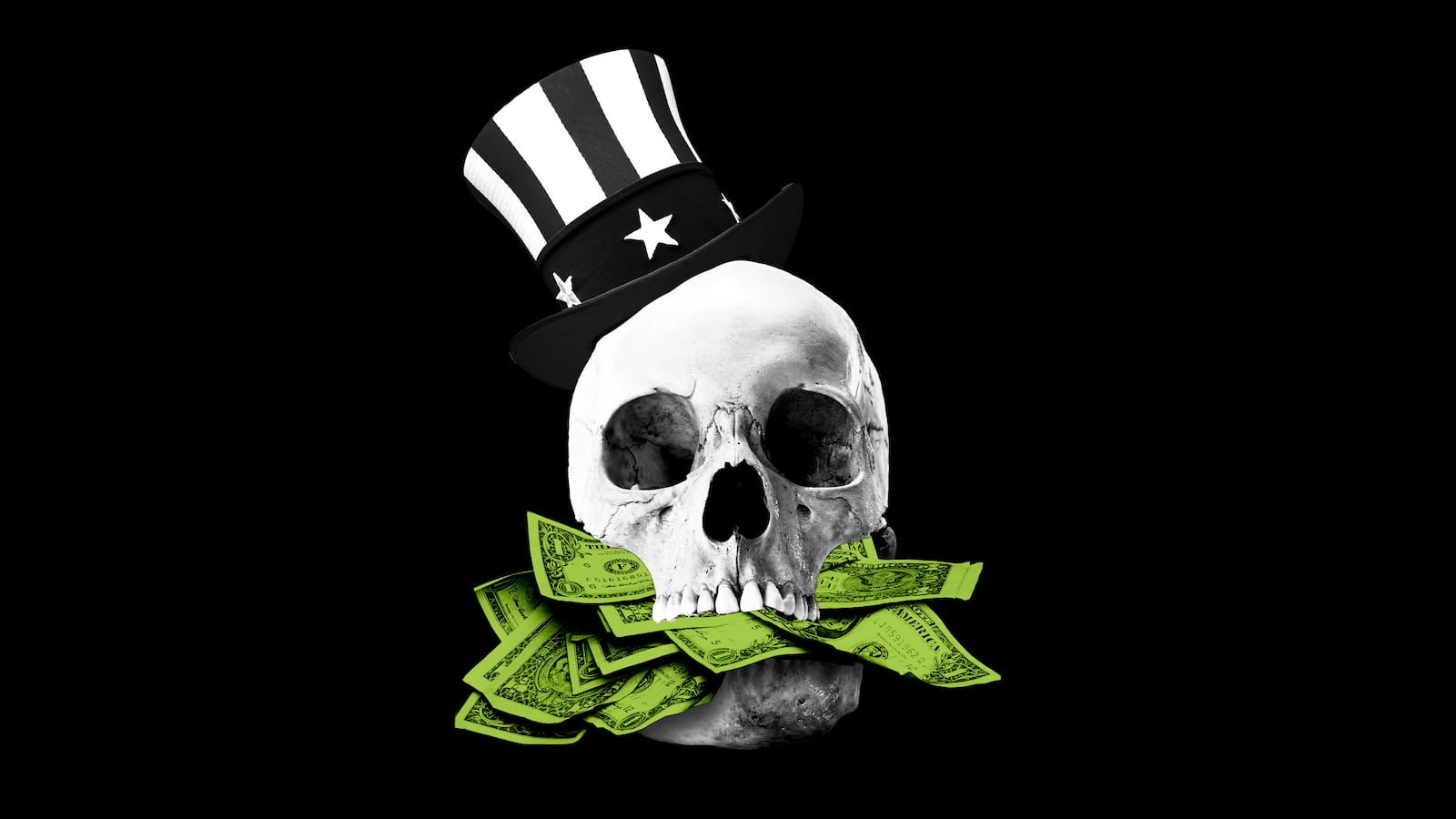 Black and white skull with Uncle Sam hat with green money coming out of mouth