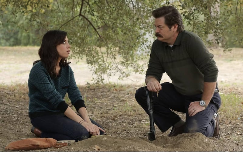 Aubrey Plaza and Nick Offerman on "Parks and Recreation"