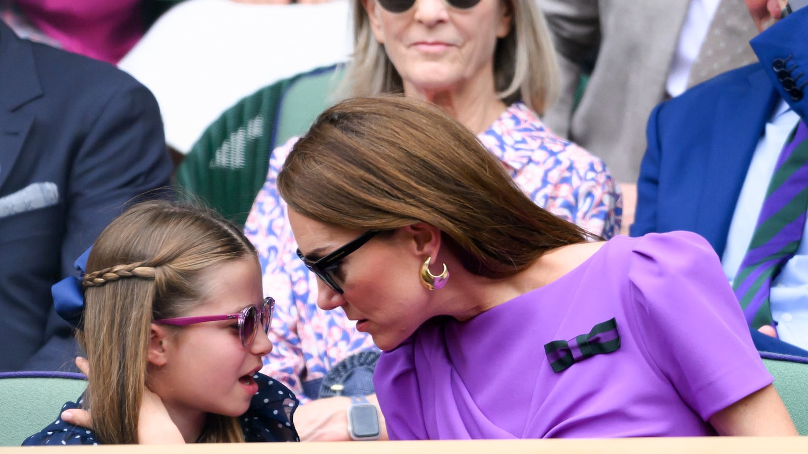 LONDON, ENGLAND - JULY 14: Princess Charlotte of Wales and Catherine, Princess of Wales court-side of Centre Court during the men's final on day fourteen of the Wimbledon Tennis Championships at the All England Lawn Tennis and Croquet Club on July 14, 2024 in London, England.