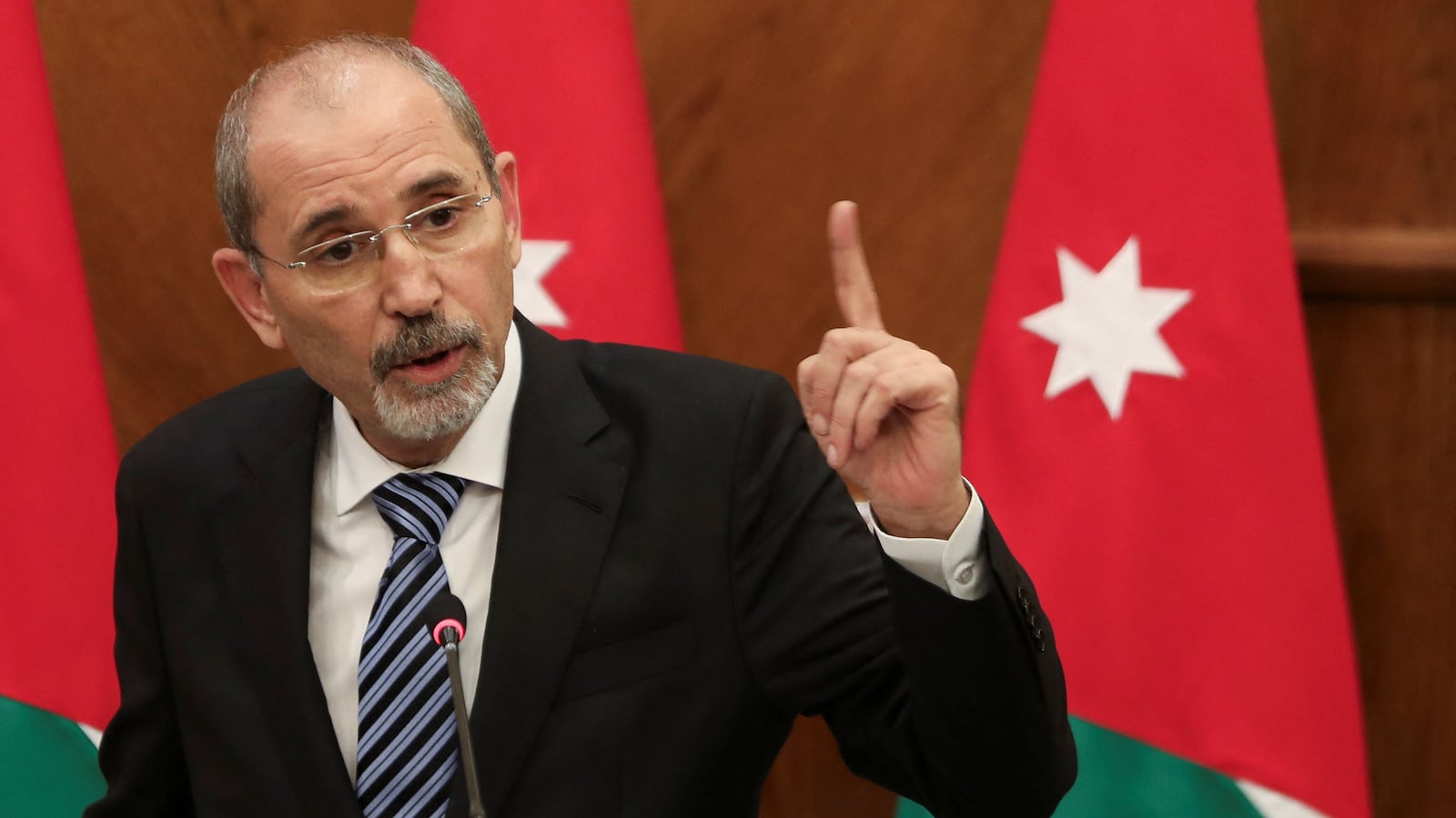 Jordan's Foreign Minister Ayman Safadi speaks during a news conference