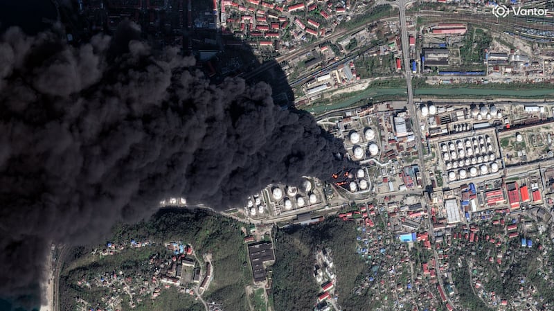 TUAPSE OIL REFINERY, BLACK SEA COAST -- APRIL 16, 2026: 07 -- Vantor satellite image shows several oil storage tanks on fire with thick black smoke drifting south over the Black Sea at the Tuapse oil refinery. Please use: Satellite image (c) 2026 Vantor.