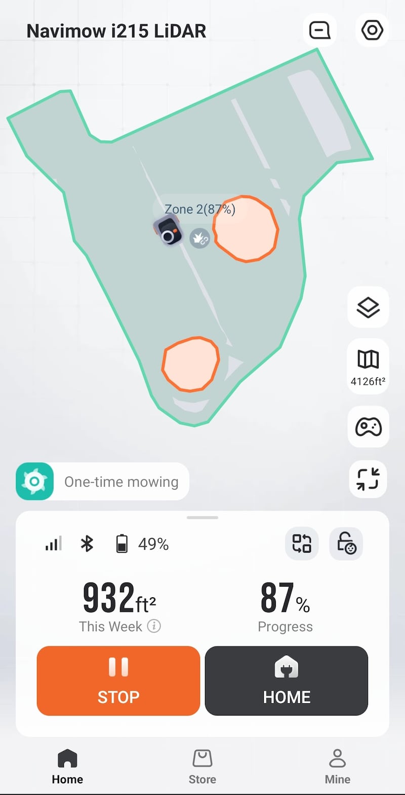A screenshot of the Navimow app showing mowing progress percentage, amount of square footage mowed this week, and a map of the yard with completed and not completed areas.