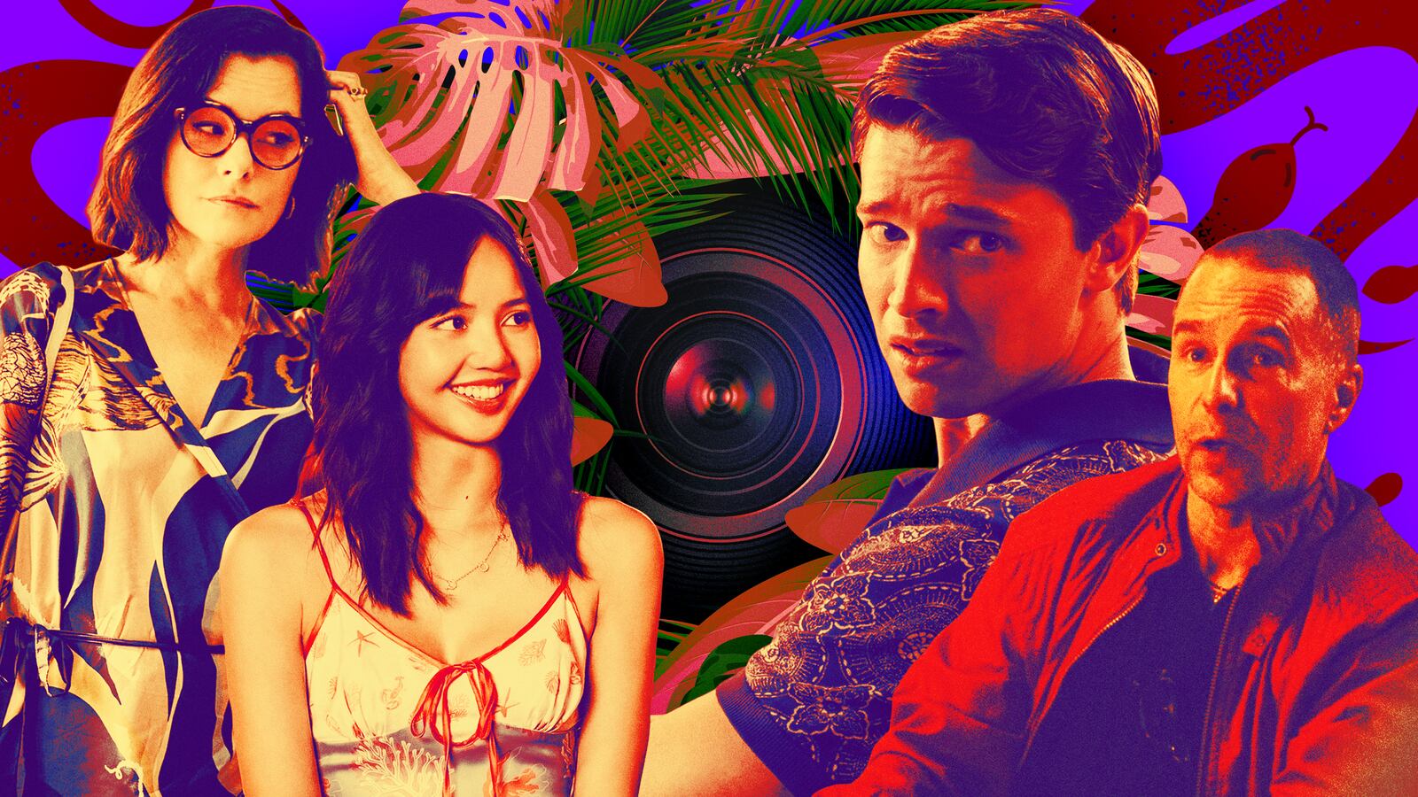 A photo illustration of Parker Posey, Lalisa Manobal, Patrick Schwarzenegger, and Sam Rockwell.