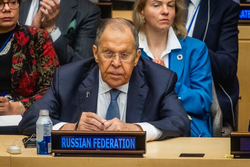 Sergey Lavrov speaks during a meeting of the G20 foreign ministers on September 25, 2025