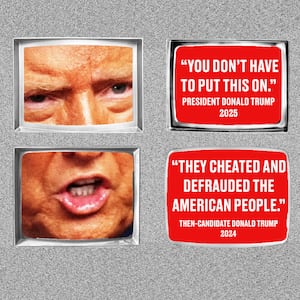 Donald Trump and Kamala Harris inside TV screens on top of a static background with quotes from Donald Trump