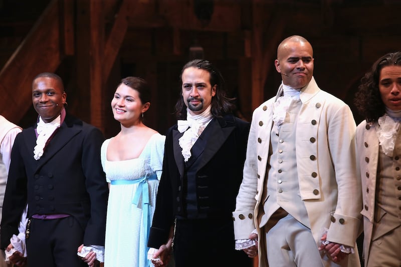Leslie Odom, Jr., Phillipa Soo, Lin-Manuel Miranda, and Christopher Jackson at the "Hamilton" Broadway Opening Night at Richard Rodgers Theatre on August 6, 2015, in New York City.