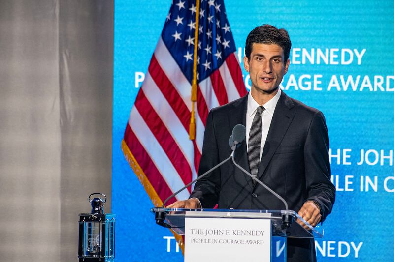 US writer Jack Schlossberg speaks during the 2025 John F. Kennedy Profile in Courage Award Ceremony at the John F. Kennedy Presidential Library and Museum in Boston, Massachusetts on May 4, 2025. (Photo by Joseph Prezioso / AFP) (Photo by JOSEPH PREZIOSO/AFP via Getty Images)