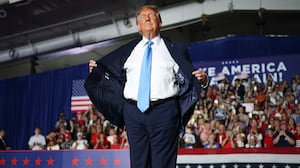 GRAND ISLAND, NEBRASKA - OCTOBER 05: U.S. President Donald Trump wraps up an appearance at a campaign rally at Pinnacle Bank Expo Center on the Nebraska State Fairgrounds on October 05, 2026 in Grand Island, Nebraska. Trump is campaigning for incumbent U.S. Sen. Pete Ricketts (R-NE) and Gov. Jim Pillen ahead of the November midterm elections. (Photo by Win McNamee/Getty Images)