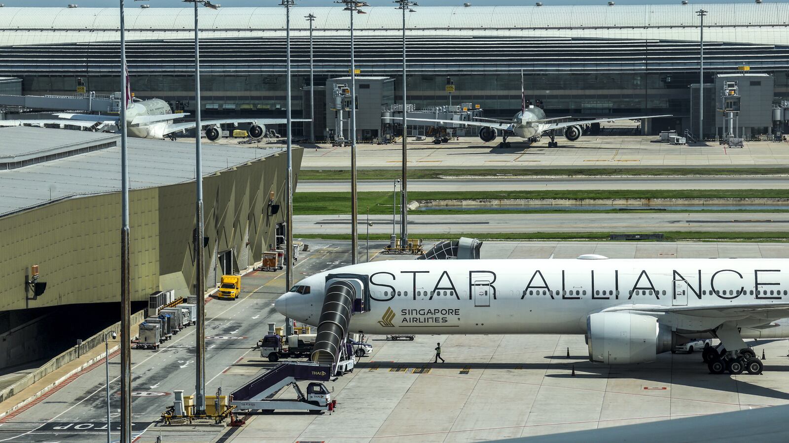 The Singapore Airlines airplane that performed an emergency landing in Bangkok due to severe turbulence is seen at Suvarnabhumi International Airport in Bangkok, Thailand, on May 22, 2024.