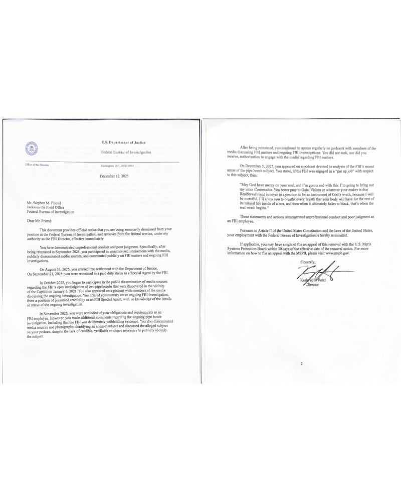 Kash Patel's dismissal letter to FBI Agent Steve Friend.
