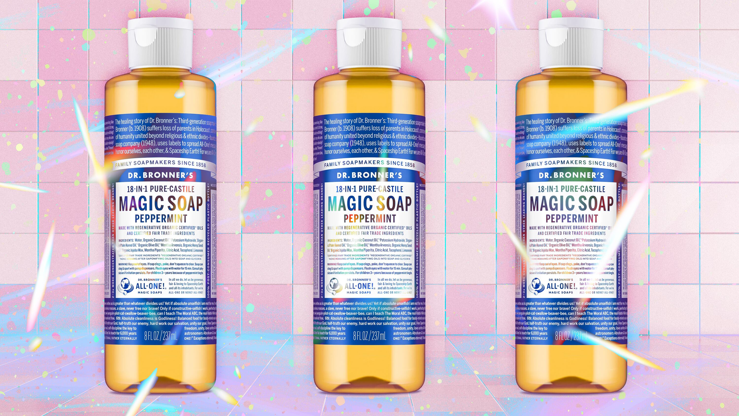 A photo illustration of Dr. Bronner's Magic Peppermint Soap.