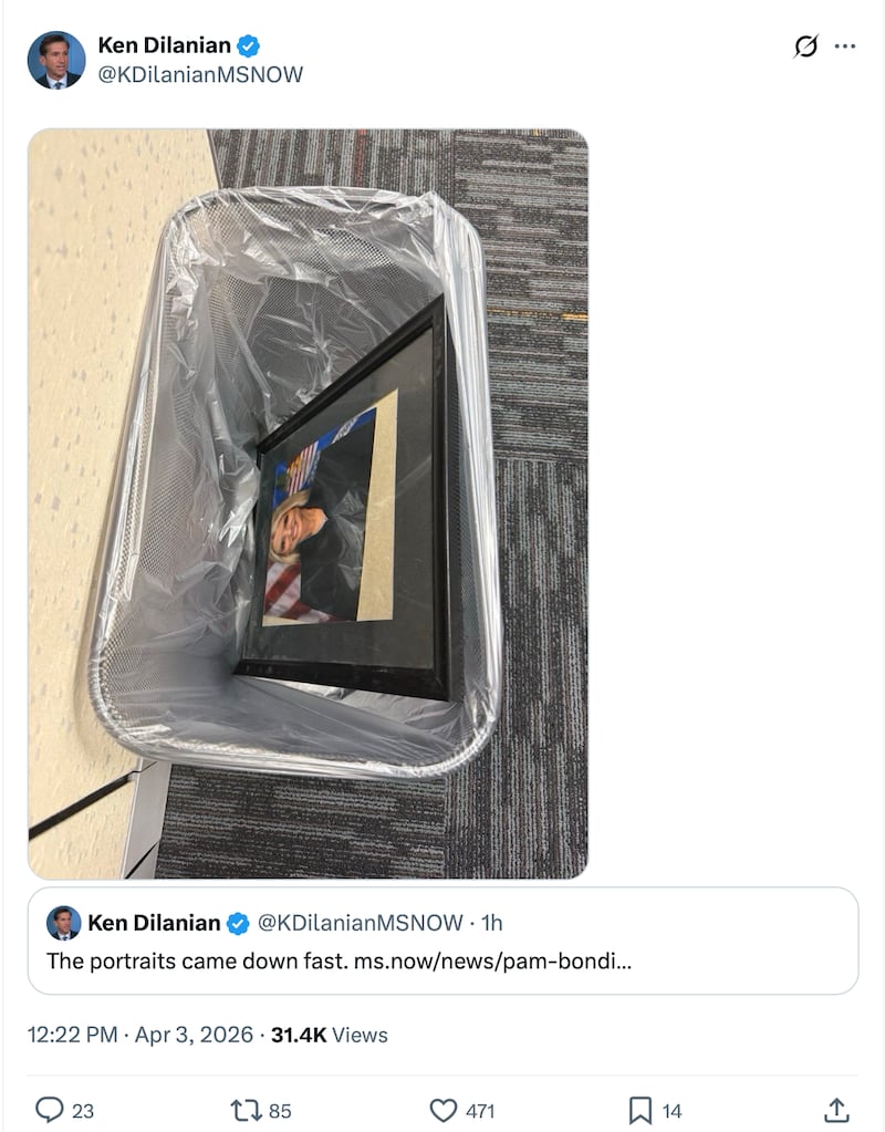 Bondi's portrait in the trash reflects how disliked she was among career officials at DOJ, MS NOW reported.