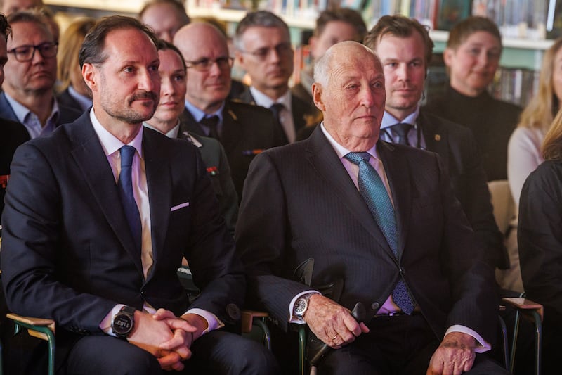 OSLO, NORWAY - FEBRUARY 11: His Royal Highness Crown Prince Haakon Magnus (L) and His Majesty King Harald of Norway attend the opening of the Total Defence Year 2026 on February 11, 2026 in Oslo, Norway. (Photo by Per Ole Hagen/Getty Images)
