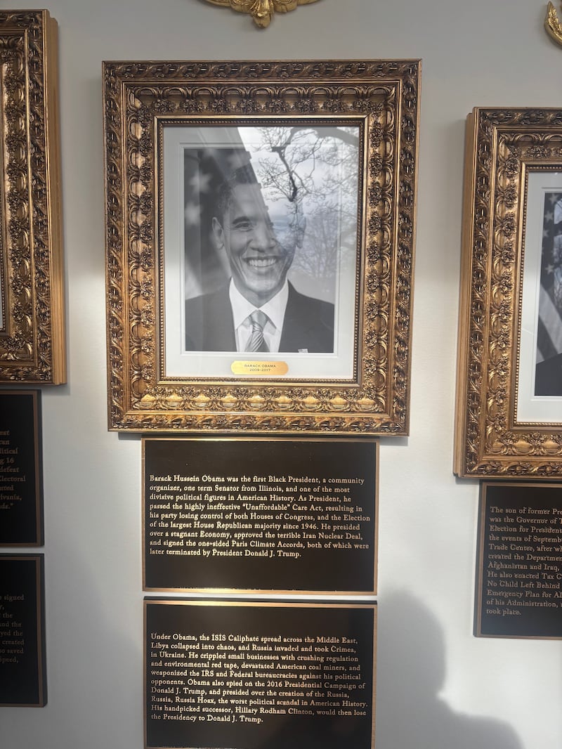 The new signage under the image of President Obama on Donald Trump's "Walk of Fame" at the White House on December 17.