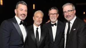 78th PRIMETIME EMMY AWARDS -- Pictured: (l-r) Jimmy Kimmel, Jon Stewart, Stephen Colbert and John Oliver attend the 78th Primetime Emmy Awards held at the Peacock Theater on September 14, 2026. -- (Photo by: Todd Williamson/NBC via Getty Images)