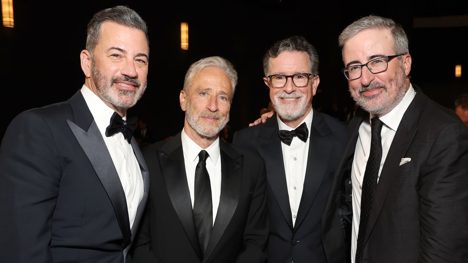 78th PRIMETIME EMMY AWARDS -- Pictured: (l-r) Jimmy Kimmel, Jon Stewart, Stephen Colbert and John Oliver attend the 78th Primetime Emmy Awards held at the Peacock Theater on September 14, 2026. -- (Photo by: Todd Williamson/NBC via Getty Images)