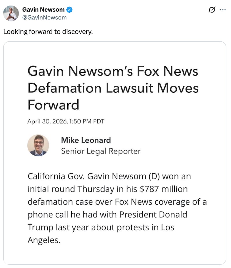 Gavin Newsom X account post reads: "Looking forward to discovery" above a screenshot of an article, with a headline that reads: "Gavin Newsom's Fox News Defamation Lawsuit Moves Forward"