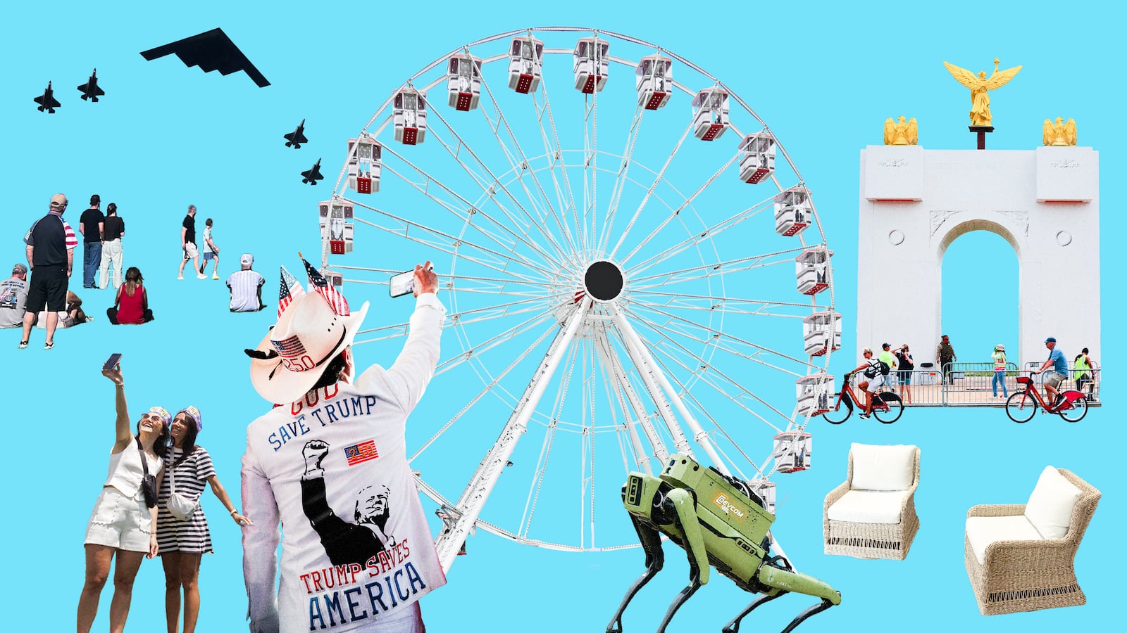 A photo illustration collage of Donald Trump's Great American State Fair for America's 250th anniversary, the Semiquincentennial.