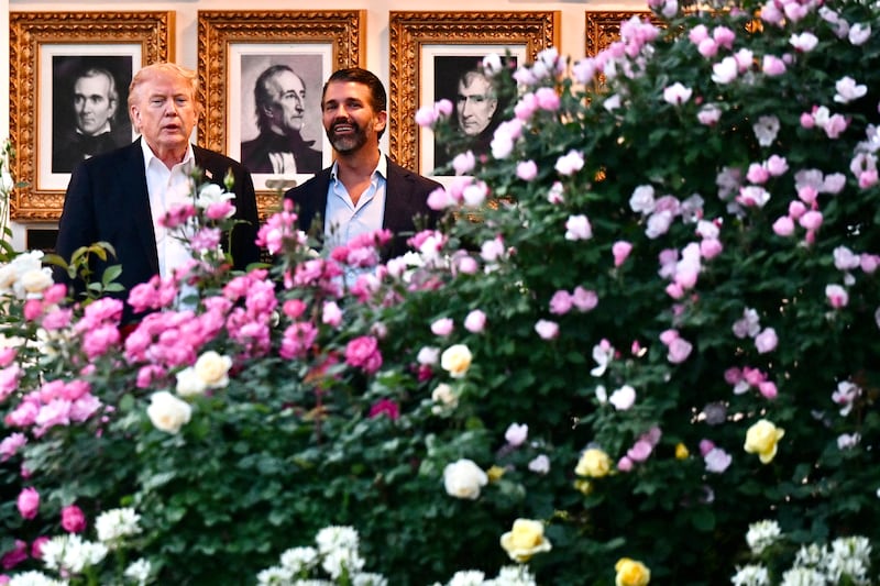 U.S. President Donald Trump and his son Donald Trump Jr. observe the Rose Garden, at the White House in Washington, D.C., U.S., May 3, 2026. REUTERS/Annabelle Gordon