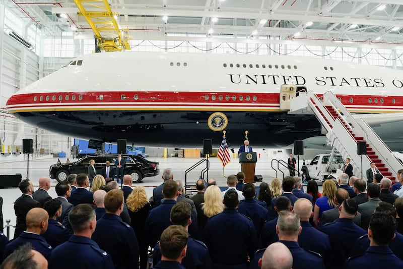 President Donald Trump bragged about Air Force One's new paint design while delivering a speech in front of the VC-25B aircraft gifted by Qatar at Joint Base Andrews, Maryland, on June 19, 2026.