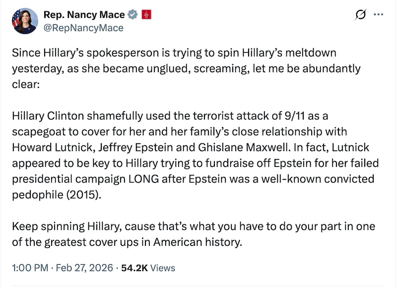 One of multiple posts from Rep. Nancy Mace on X about the Hillary Clinton deposition.