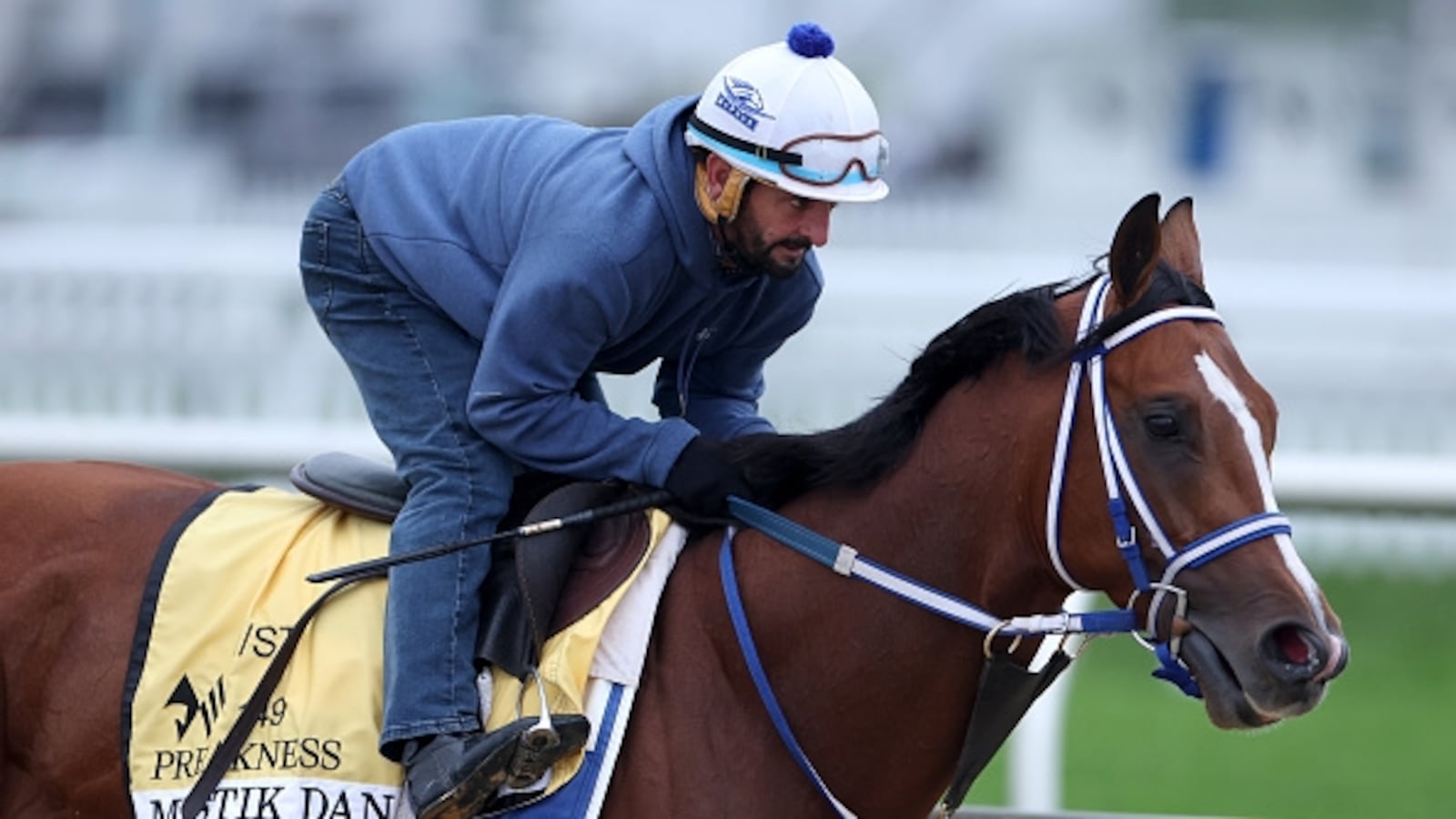 BALTIMORE, MARYLAND - MAY 15: Exercise rider
Robby Albarado takes Kentucky Derby winner Mystik Dan over the track during a training session ahead of the 149th running of the Preakness Stakes at Pimlico Race Course on May 15, 2024 in Baltimore, Maryland. (Photo by Rob Carr/Getty Images)