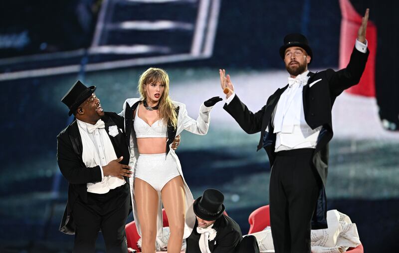 Taylor Swift is joined on stage by Travis Kelce "Taylor Swift | The Eras Tour" at Wembley Stadium on June 23, 2024 in London, England.