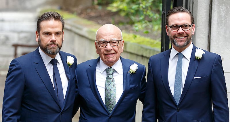 Rupert Murdoch with his sons Lachlan Murdoch, left, and James Murdoch, right, at the media mogul’s wedding to Jerry Hall in 2016.
