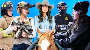 A photo composite of former homeland security secretary Kristi Noem in various outfits throughout her tenure.