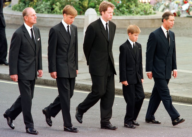 The Duke of Edinburgh, Prince William, Charles Earl Spencer, Prince Harry, and Prince Charles are pictured outside Westminster Abbey during the funeral service for Diana, Princess of Wales, in 1997.