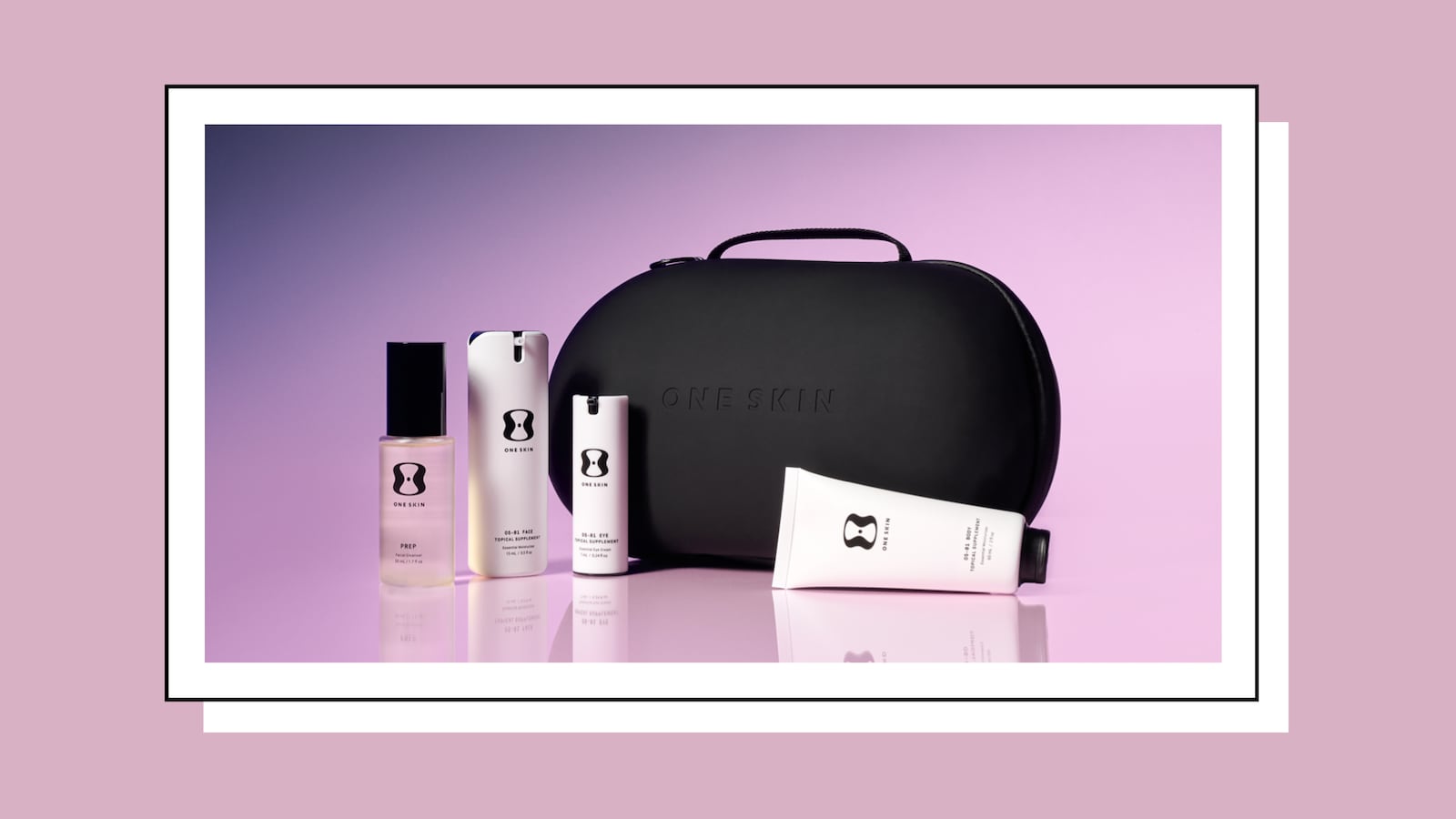OneSkin skincare bundle displayed with the OS-01 Face, Eye, Prep, and Body topical supplements alongside a black travel case on a purple gradient background.