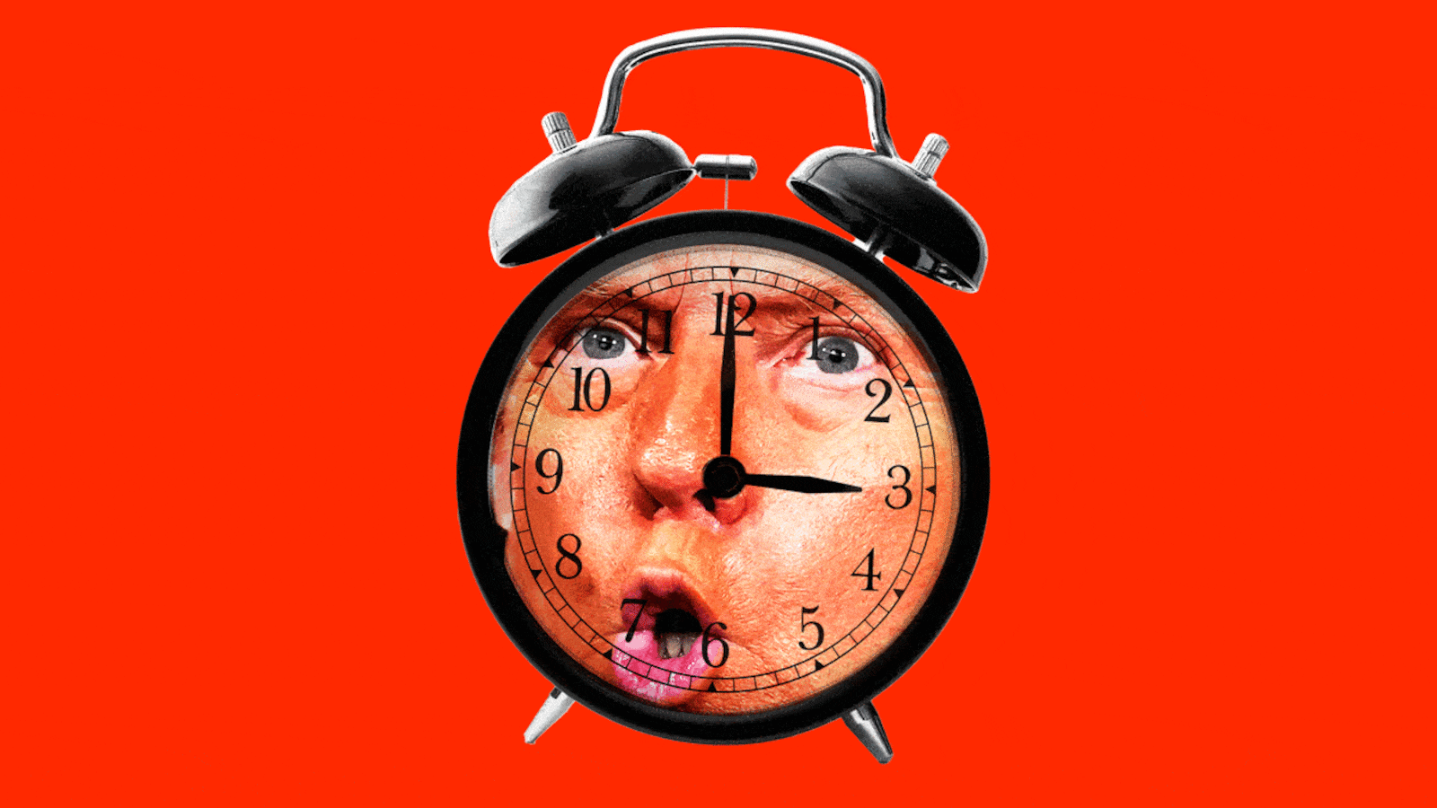Donald Trump's face on an alarm clock showing 3:00, that is shaking back and forth