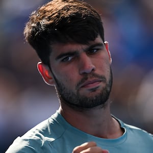 Carlos Alcaraz of Spain reacts to Andrey Rublev of Russia during the Men's Singles Quarterfinal match on day nine of the Cincinnati Open 2025 at Lindner Family Tennis Center on August 15, 2025, in Mason, Ohio. (Photo by Daniel Kopatsch/Getty Images)