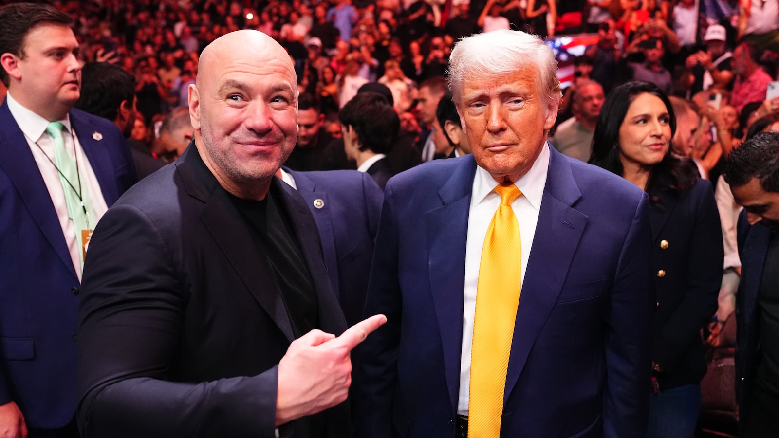Donald Trump attends the UFC 314 event alongside UFC President and CEO Dana White at Kaseya Center on April 12, 2025 in Miami, Florida.