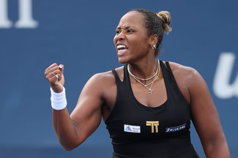 NEW YORK, NEW YORK - AUGUST 27: Taylor Townsend of the United States celebrates winning match point against Jelena Ostapenko of Latvia during their Women's Singles Second Round match on Day Four of the 2025 US Open at USTA Billie Jean King National Tennis Center on August 27, 2025 in the Flushing neighborhood of the Queens borough of New York City.