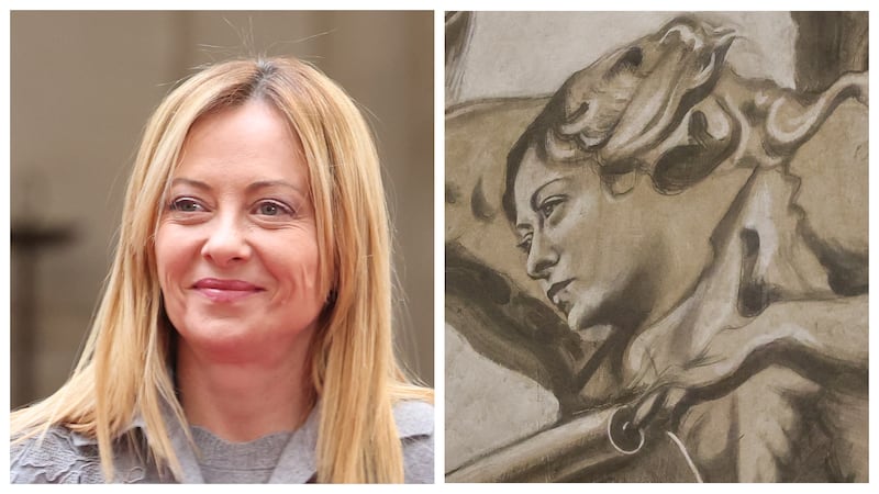Side-by-side of Giorgia Meloni and the angel fresco that Italians say depicts her.