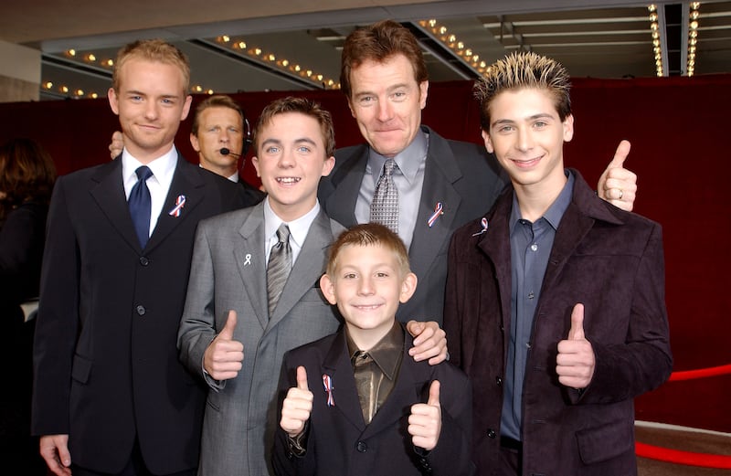 The original cast of “Malcolm In The Middle” at the 53rd Annual Primetime Emmy Awards in 2001: Christopher Masterson, Frankie Muniz, Erik Per Sullivan, Bryan Cranston, and Justin Berfield.
