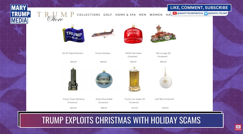 Mary Trump shares gaudy Christmas items from Uncle Donald's website.