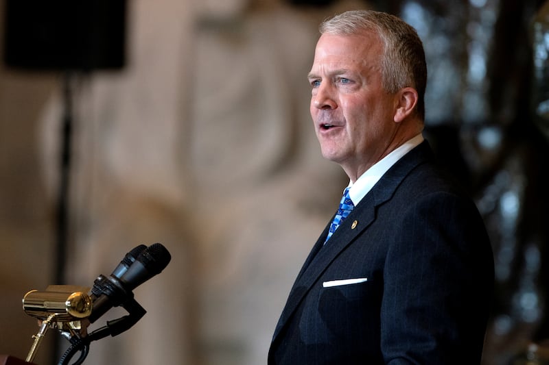 U.S. Sen. Dan Sullivan (R-Alaska) gives a remembrance of Rep. Don Young (R-Alaska) as he lies in state in Statuary Hall at the U.S. Capitol in Washington, DC, U.S., March 29, 2022.